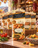 Il Tricolore d’Italia Fusilli von Colacchio Mamma Isa in rustikalen Körben und auf Regalen einer italienischen Feinkostboutique