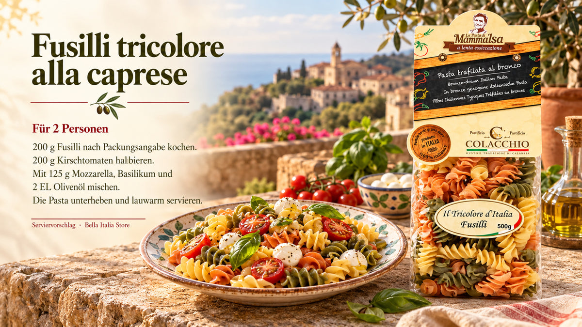 Rezept Fusilli tricolore alla caprese für zwei Personen mit Colacchio Pasta – Rezeptbanner mit deutscher Anleitung