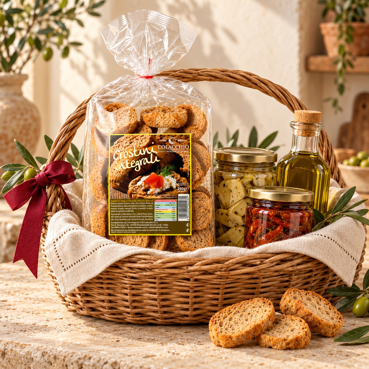 Crostini Integrali Colacchio – Vollkorn-Crostini, 250 g – Serviervorschlag in einem italienischen Geschenkkorb