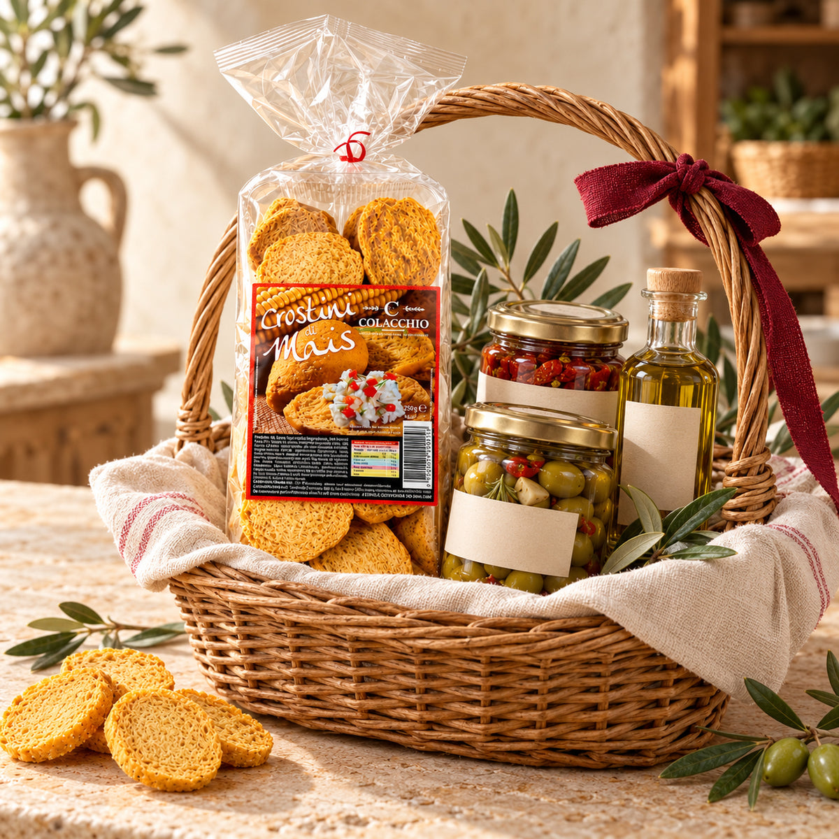 Crostini di Mais Colacchio – Knusprige Mais-Crostini, 250 g – Serviervorschlag in einem italienischen Geschenkkorb