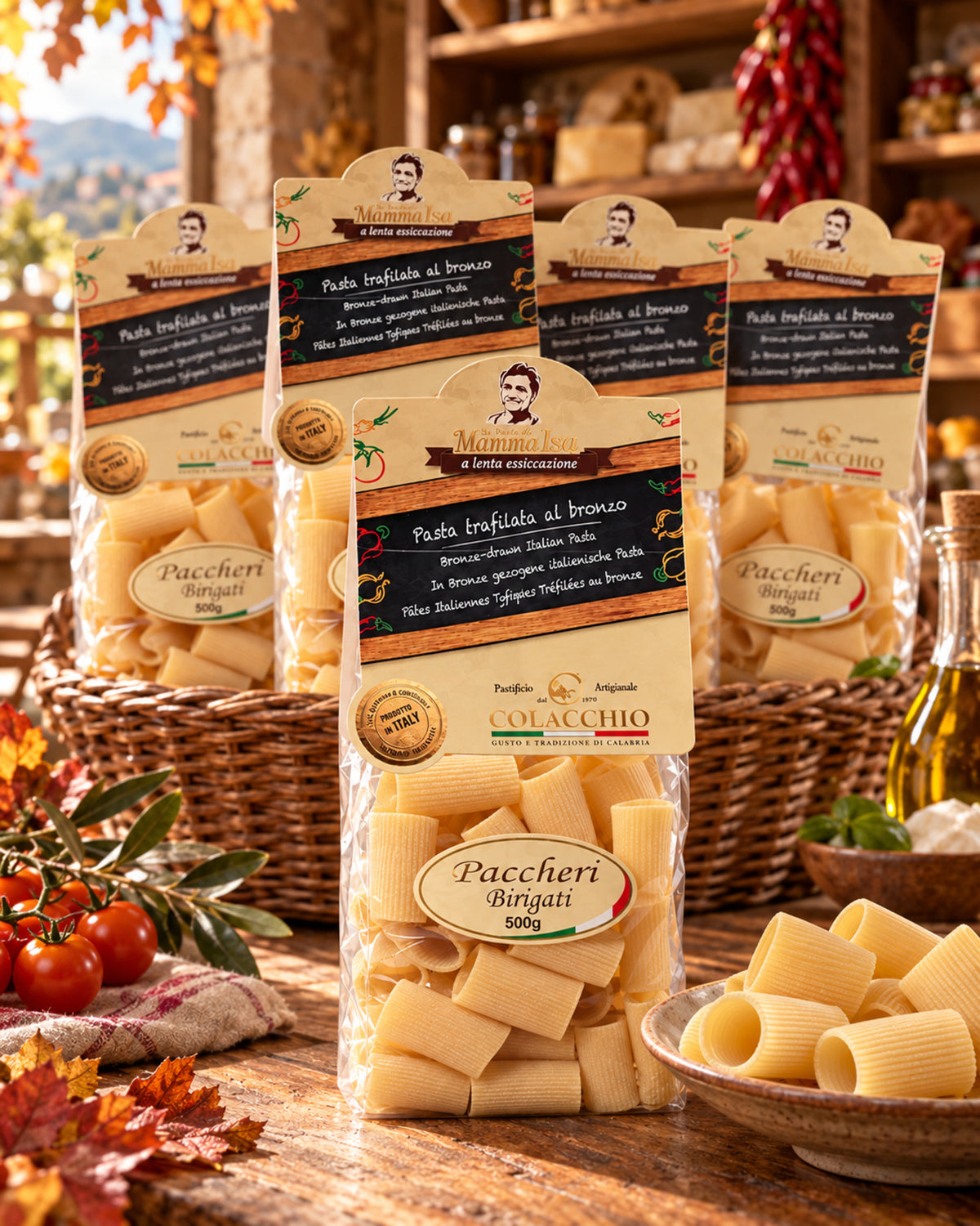 Paccheri Birigati von Colacchio Mamma Isa in rustikalen Körben und auf Regalen einer italienischen Feinkostboutique