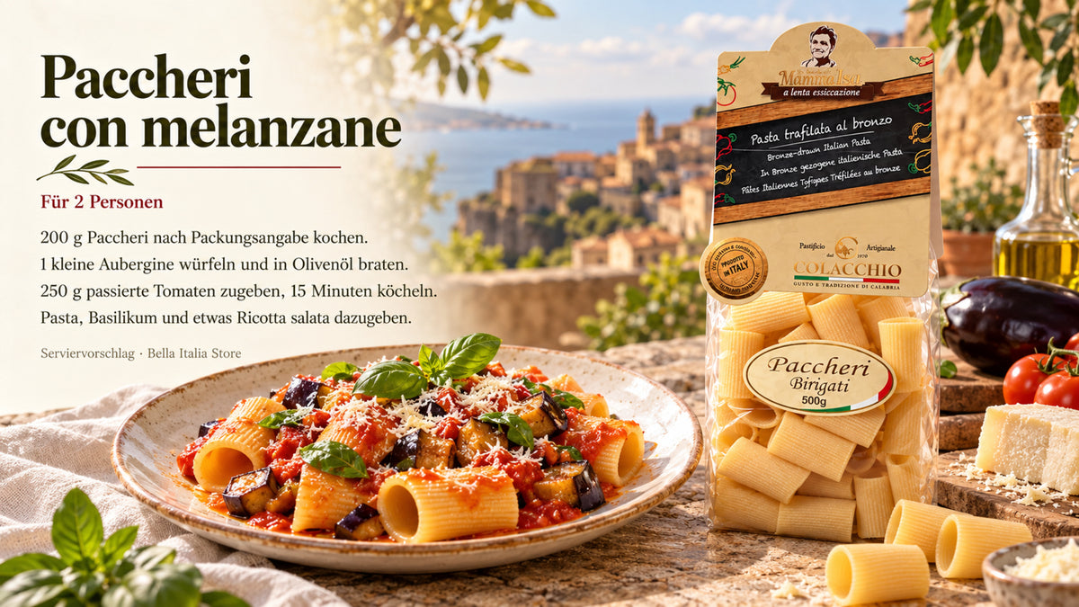 Rezept Paccheri con melanzane e ricotta salata für zwei Personen mit Colacchio Pasta – Rezeptbanner mit deutscher Anleitung