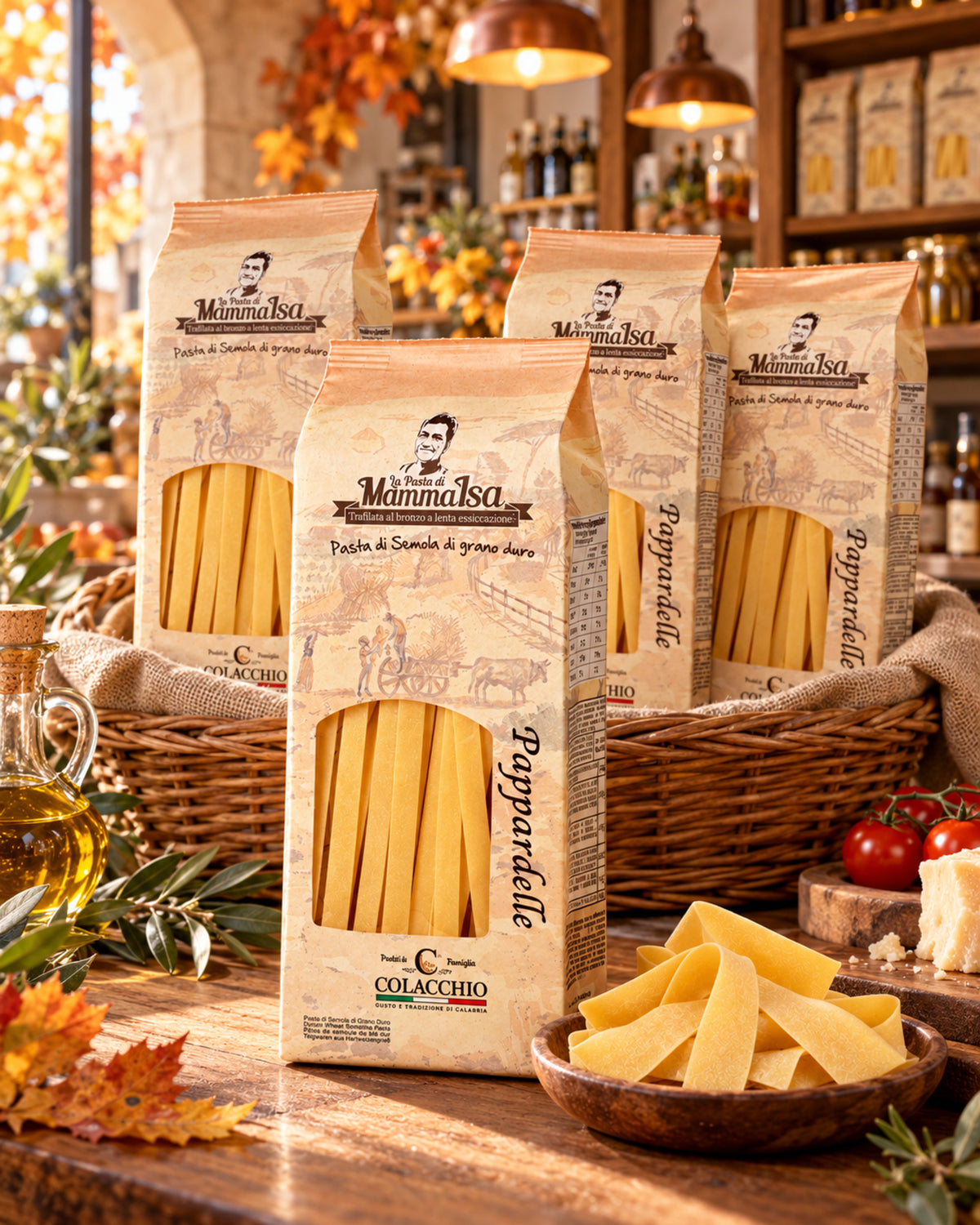 Pappardelle von Colacchio Mamma Isa in rustikalen Körben und auf Regalen einer italienischen Feinkostboutique