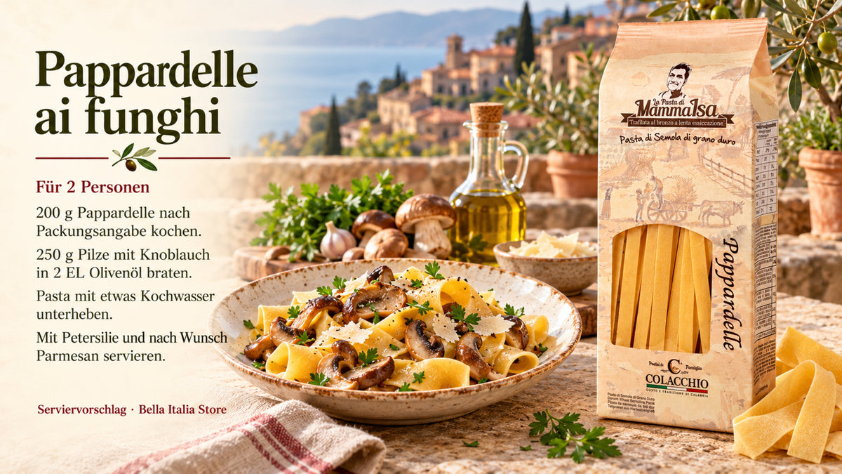 Rezept Pappardelle ai funghi für zwei Personen mit Colacchio Pasta – Rezeptbanner mit deutscher Anleitung