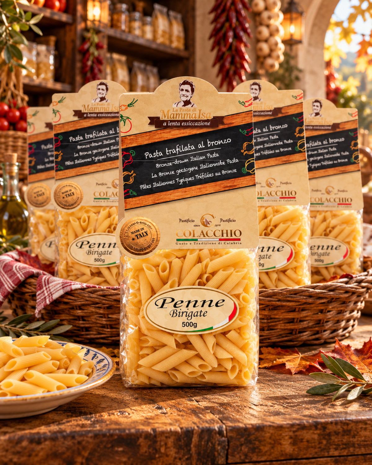 Penne Birigate von Colacchio Mamma Isa in rustikalen Körben und auf Regalen einer italienischen Feinkostboutique