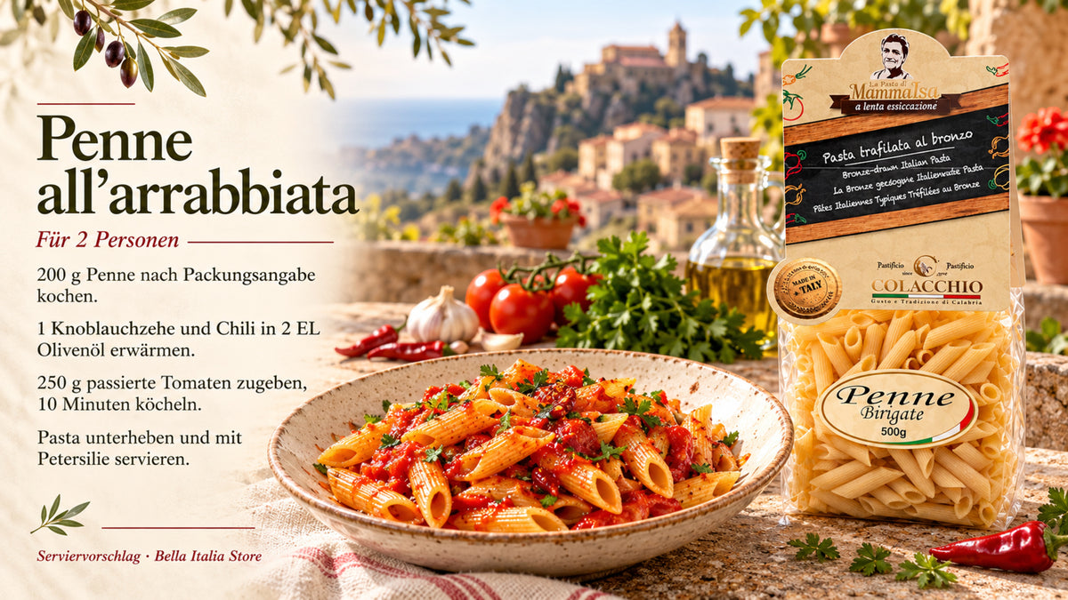 Rezept Penne all’arrabbiata für zwei Personen mit Colacchio Pasta – Rezeptbanner mit deutscher Anleitung