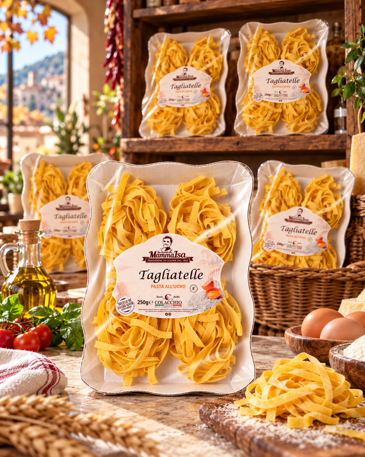 Tagliatelle PASTA ALL’UOVO von Colacchio Mamma Isa in rustikalen Körben und auf Regalen einer italienischen Feinkostboutique