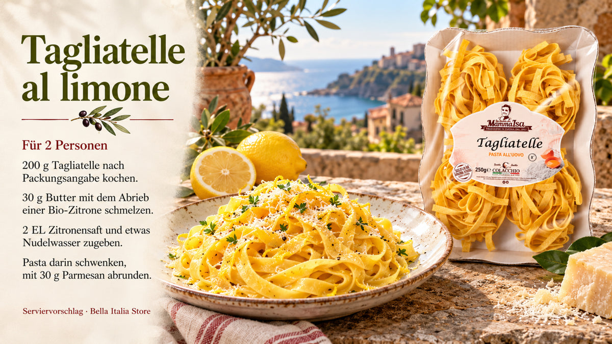 Rezept Tagliatelle al limone für zwei Personen mit Colacchio Pasta – Rezeptbanner mit deutscher Anleitung