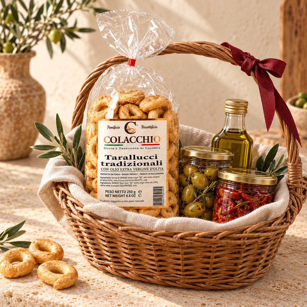 Tarallucci Tradizionali Colacchio – Klassische Knabberringe, 250 g – Serviervorschlag in einem italienischen Geschenkkorb