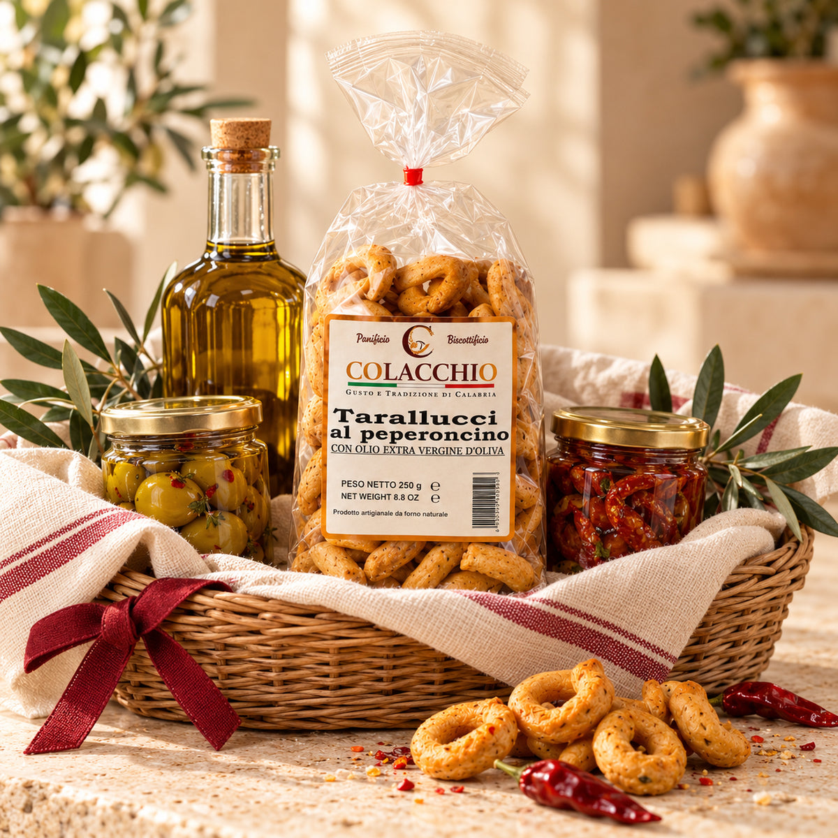 Tarallucci al Peperoncino Colacchio 250 g – Serviervorschlag im mediterranen Geschenkkorb