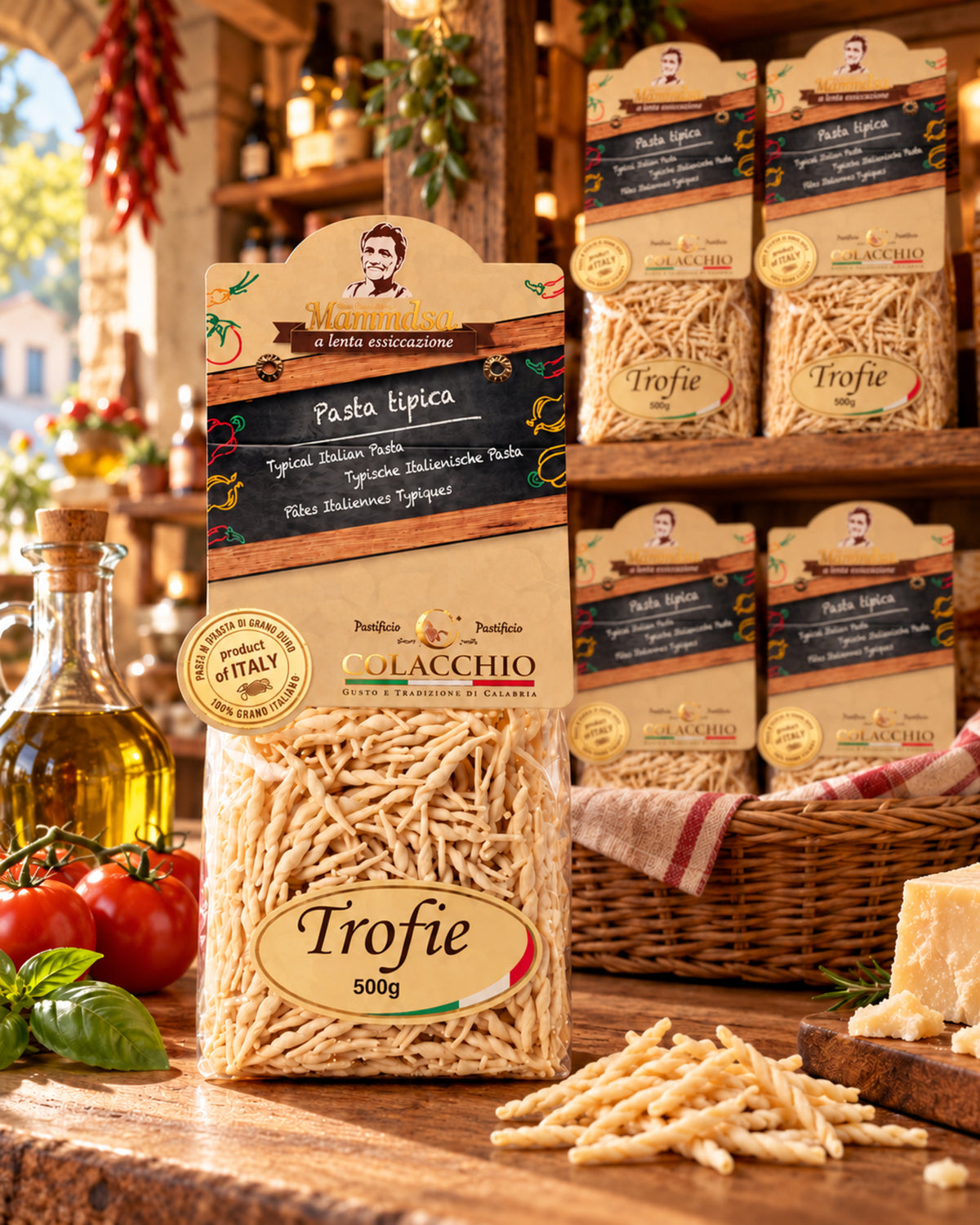 Trofie von Colacchio Mamma Isa in rustikalen Körben und auf Regalen einer italienischen Feinkostboutique