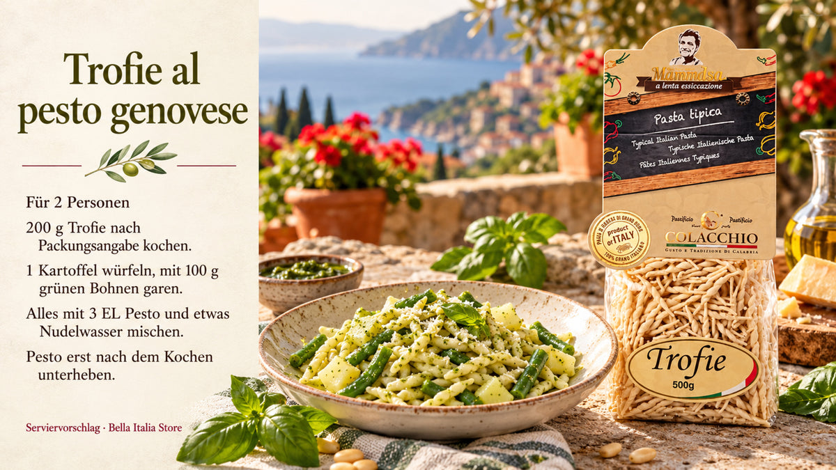 Rezept Trofie al pesto genovese für zwei Personen mit Colacchio Pasta – Rezeptbanner mit deutscher Anleitung