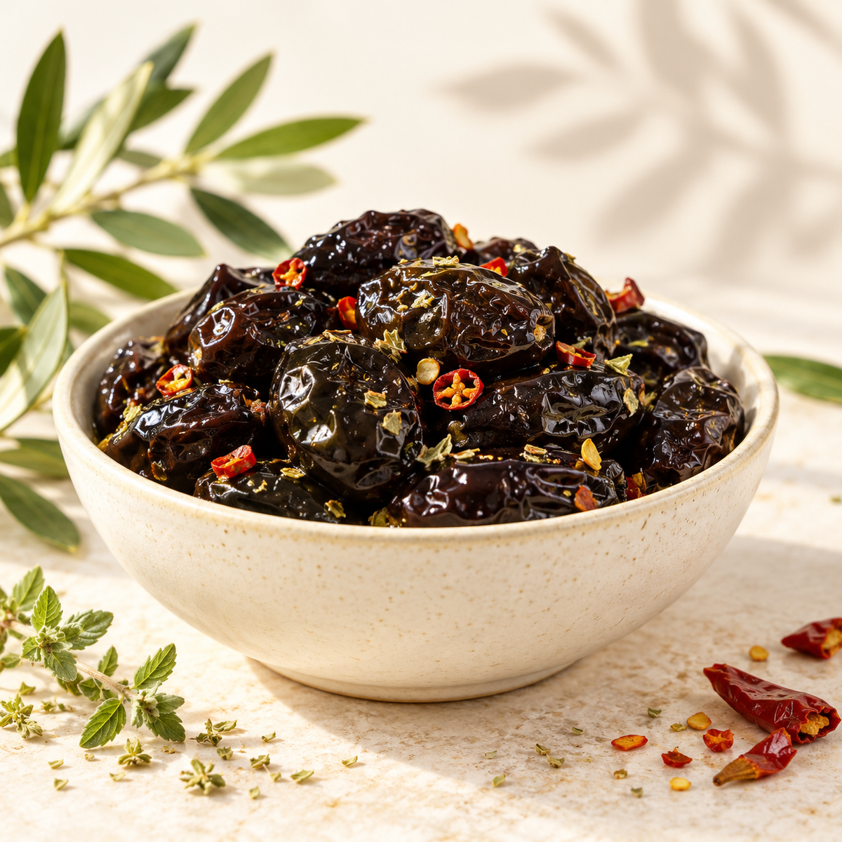 Olive al Forno – Ofenoliven mit Chili & Oregano, 300 g – Serviervorschlag in Keramikschale