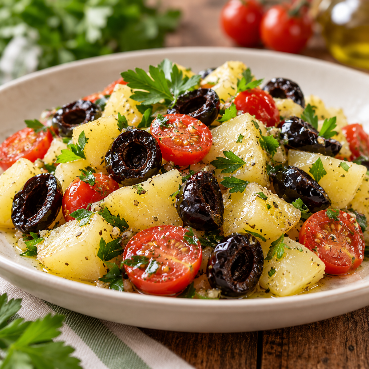 Olive al Forno – Ofenoliven mit Chili & Oregano, 300 g – Warmer Kartoffelsalat mit Ofenoliven – Rezeptidee