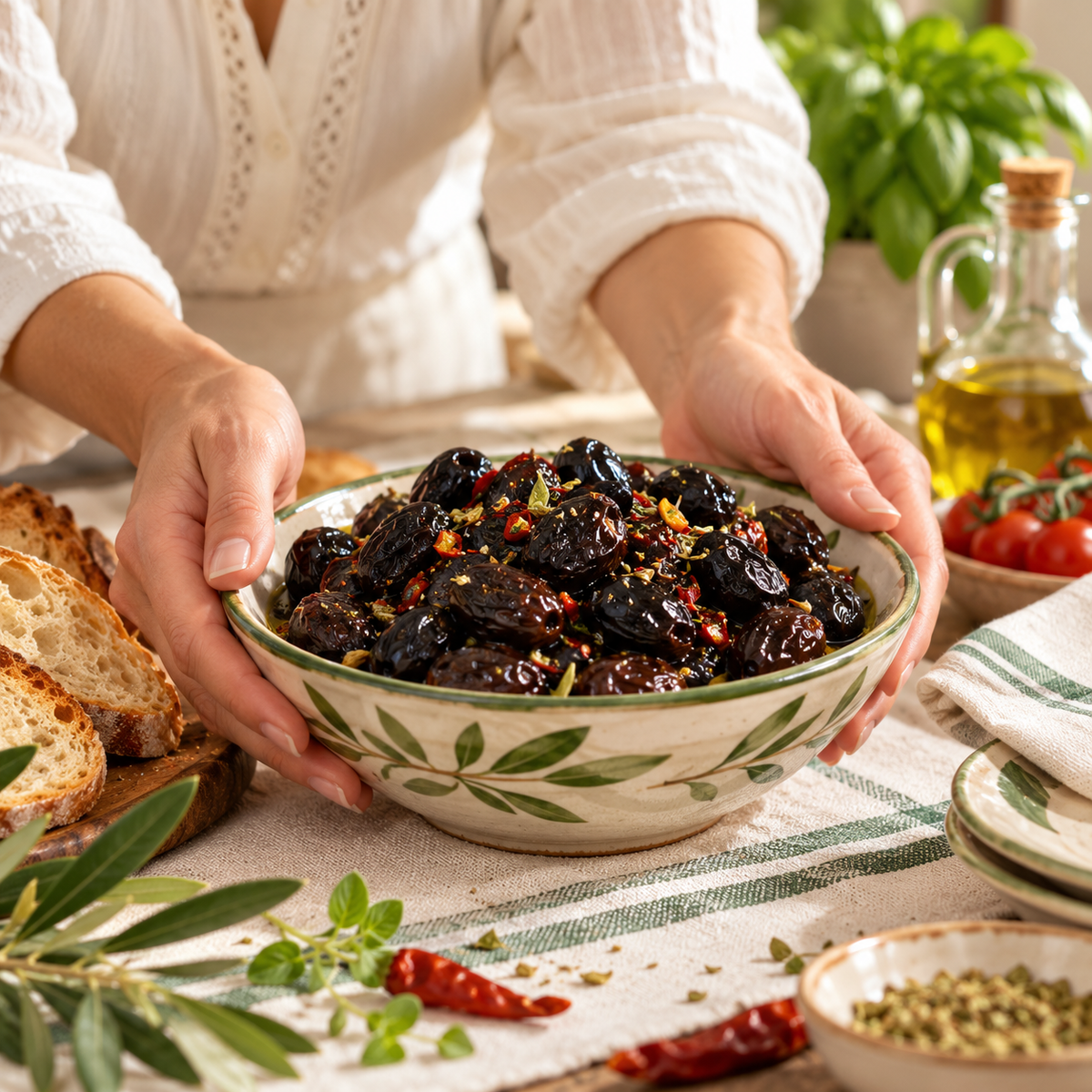 Olive al Forno – Ofenoliven mit Chili & Oregano, 300 g – Serviervorschlag am gedeckten Tisch