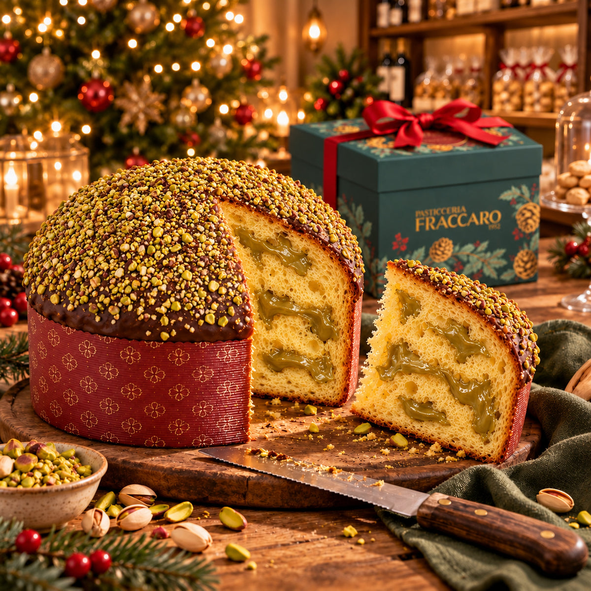 Fraccaro Panettone mit großzügiger Pistaziencreme in einer Weihnachtsboutique