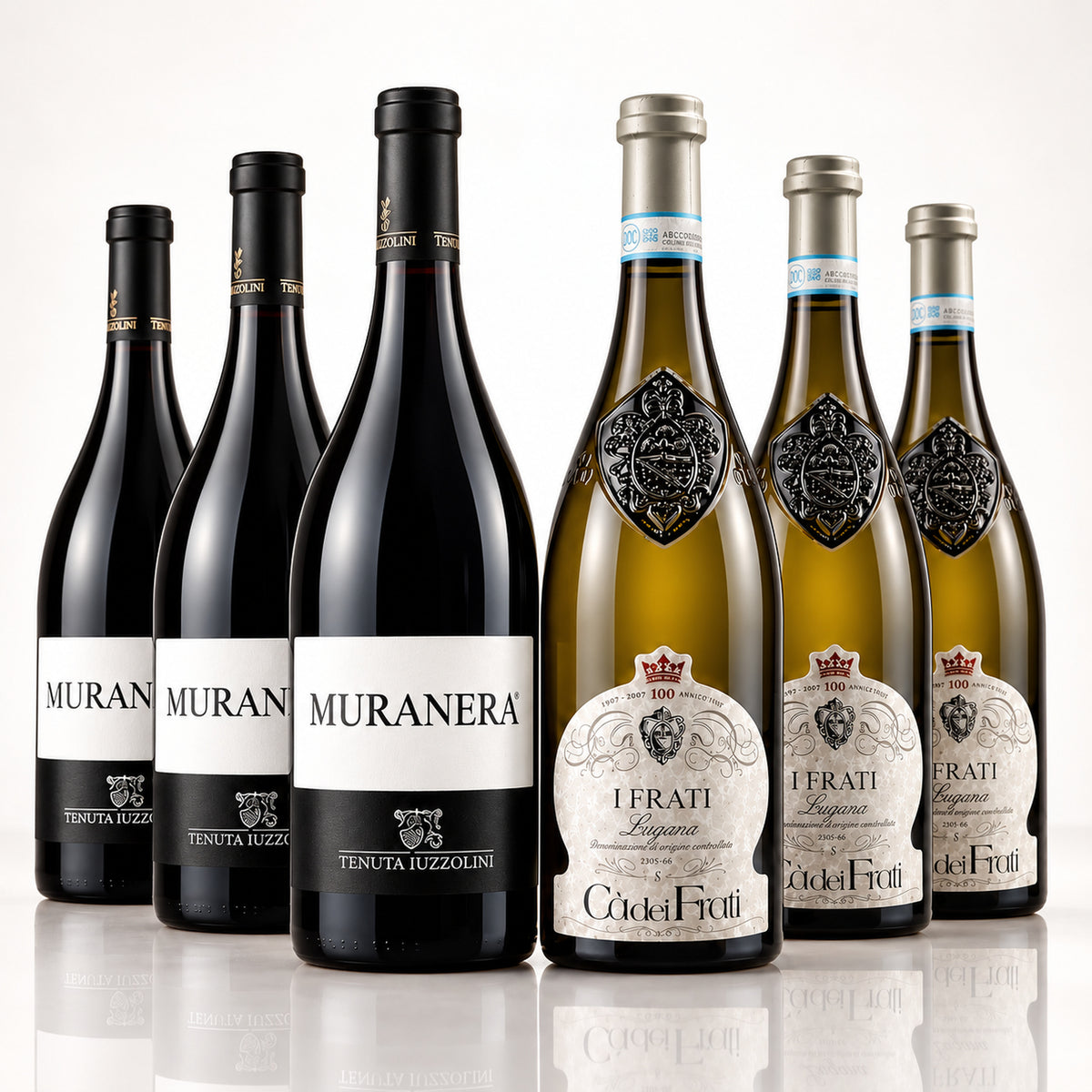 Italienisches Weinpaket – 3× Muranera Rotwein & 3× Lugana Weißwein – 12% Vorteil – Produktset auf der originalen Unterlage