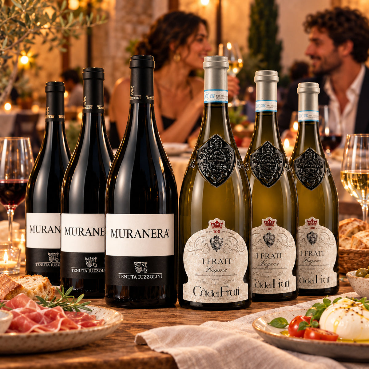 Italienisches Weinpaket – 3× Muranera Rotwein & 3× Lugana Weißwein – 12% Vorteil – Italienische Tischatmosphäre mit Gästen