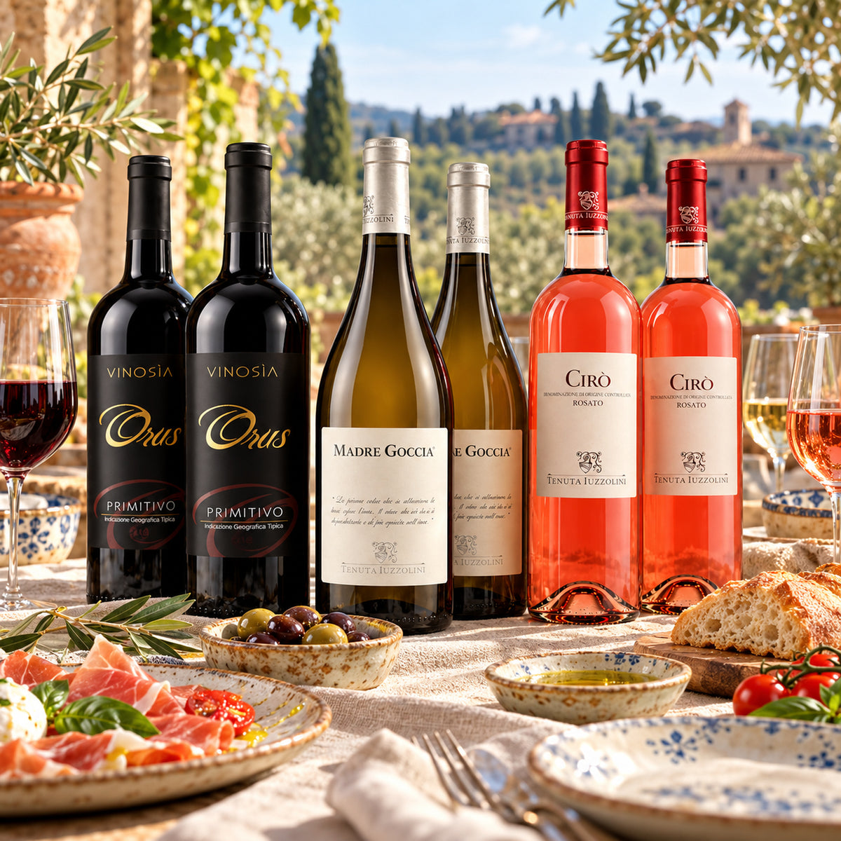 Italienisches Weinpaket – Rot, Weiß & Rosé 6er Set aus Italien – Serviervorschlag auf einer italienischen Terrasse