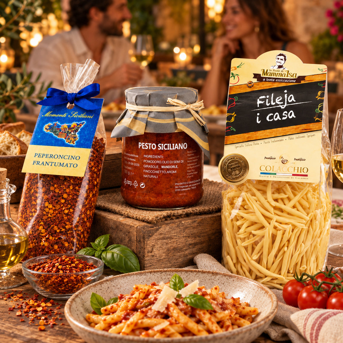 Fileja Calabrese mit Pesto Siciliano und Peperoncino – Italienisches Genuss Paket – Italienische Tischatmosphäre mit Gästen