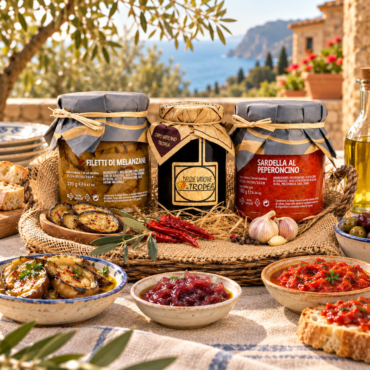 Italienische Antipasti Spezialitäten – Auberginen, Tropea Zwiebelmousse & Sardella al Peperoncino