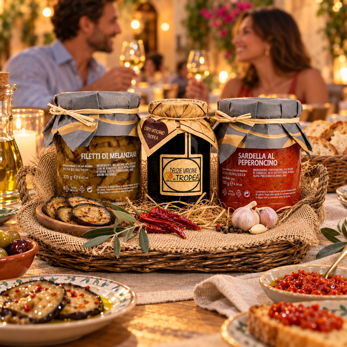 Italienische Antipasti Spezialitäten – Auberginen, Tropea Zwiebelmousse & Sardella al Peperoncino – Italienische Tischatmosphäre mit Gästen
