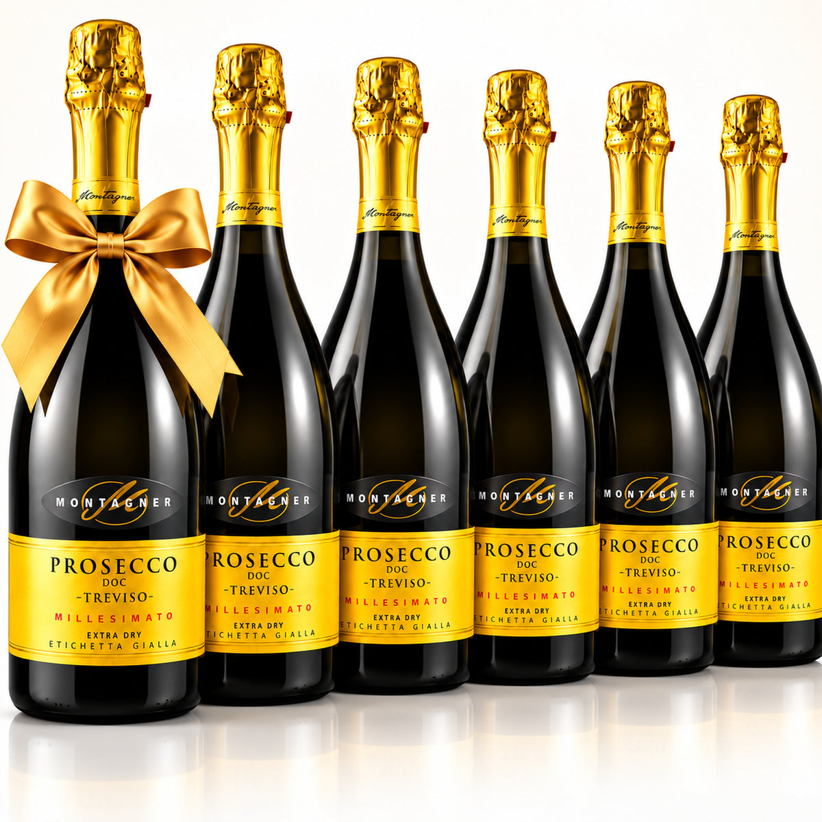 Prosecco DOC Treviso Extra Dry – Sechs Flaschen, Montagner – Produktset auf der originalen Unterlage