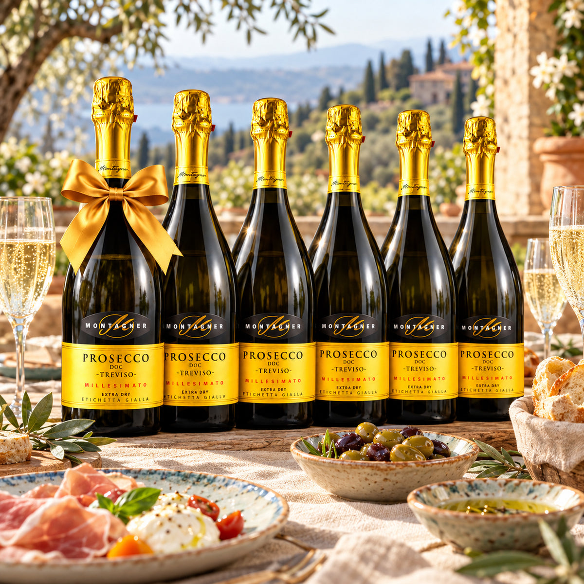 Prosecco DOC Treviso Extra Dry – Sechs Flaschen, Montagner – Serviervorschlag auf einer italienischen Terrasse