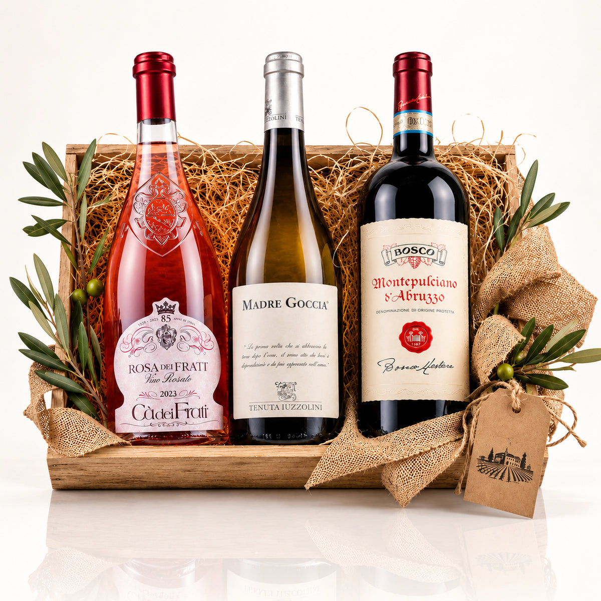 Italienisches Weinpaket kaufen – Premium Wein mit Rosé, Weißwein & Rotwein – Produktset auf der originalen Unterlage