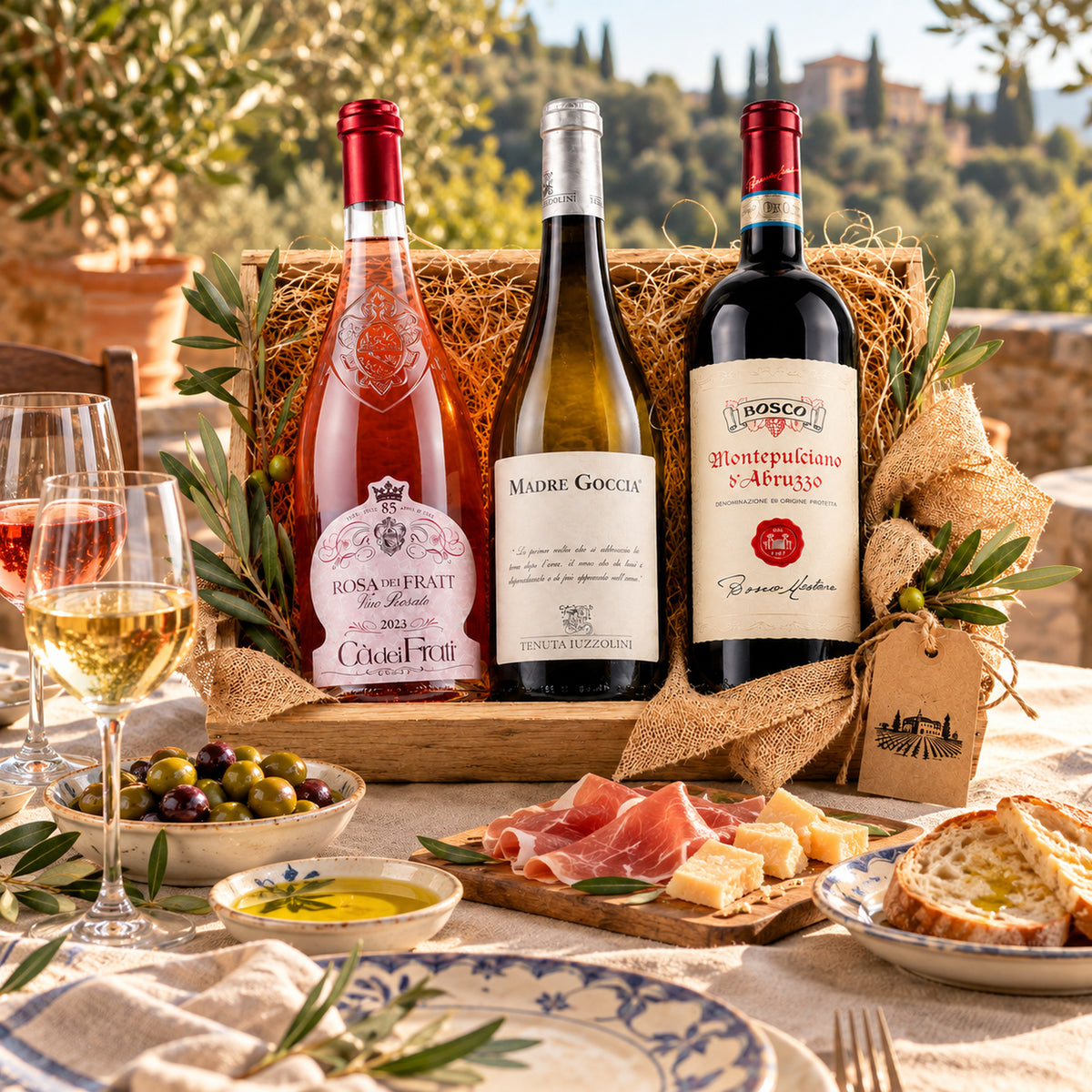Italienisches Weinpaket kaufen – Premium Wein mit Rosé, Weißwein & Rotwein – Serviervorschlag auf einer italienischen Terrasse