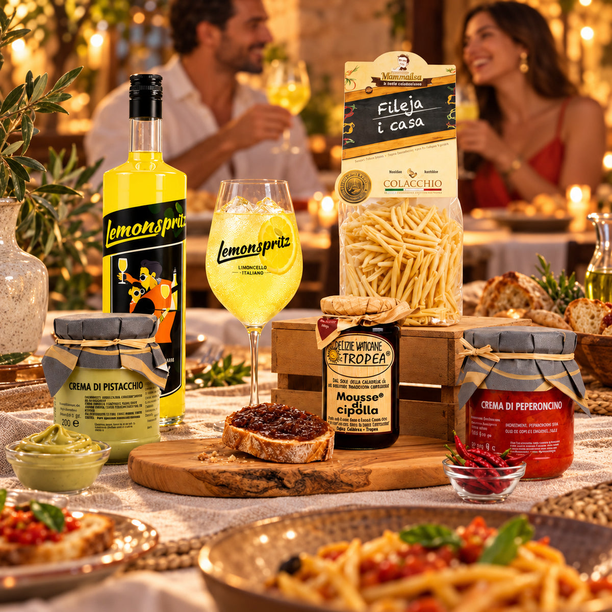 Italienisches Feinkost Paket – Mediterraner Genuss mit Lemon Spritz & Spezialitäten – Italienische Tischatmosphäre mit Gästen