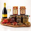 Italienisches Antipasti Paket mit Prosecco & kalabrischer Feinkost – Produktset auf Holzunterlage