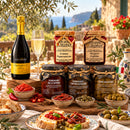 Italienisches Antipasti Paket mit Prosecco & kalabrischer Feinkost – Serviervorschlag auf einer italienischen Terrasse
