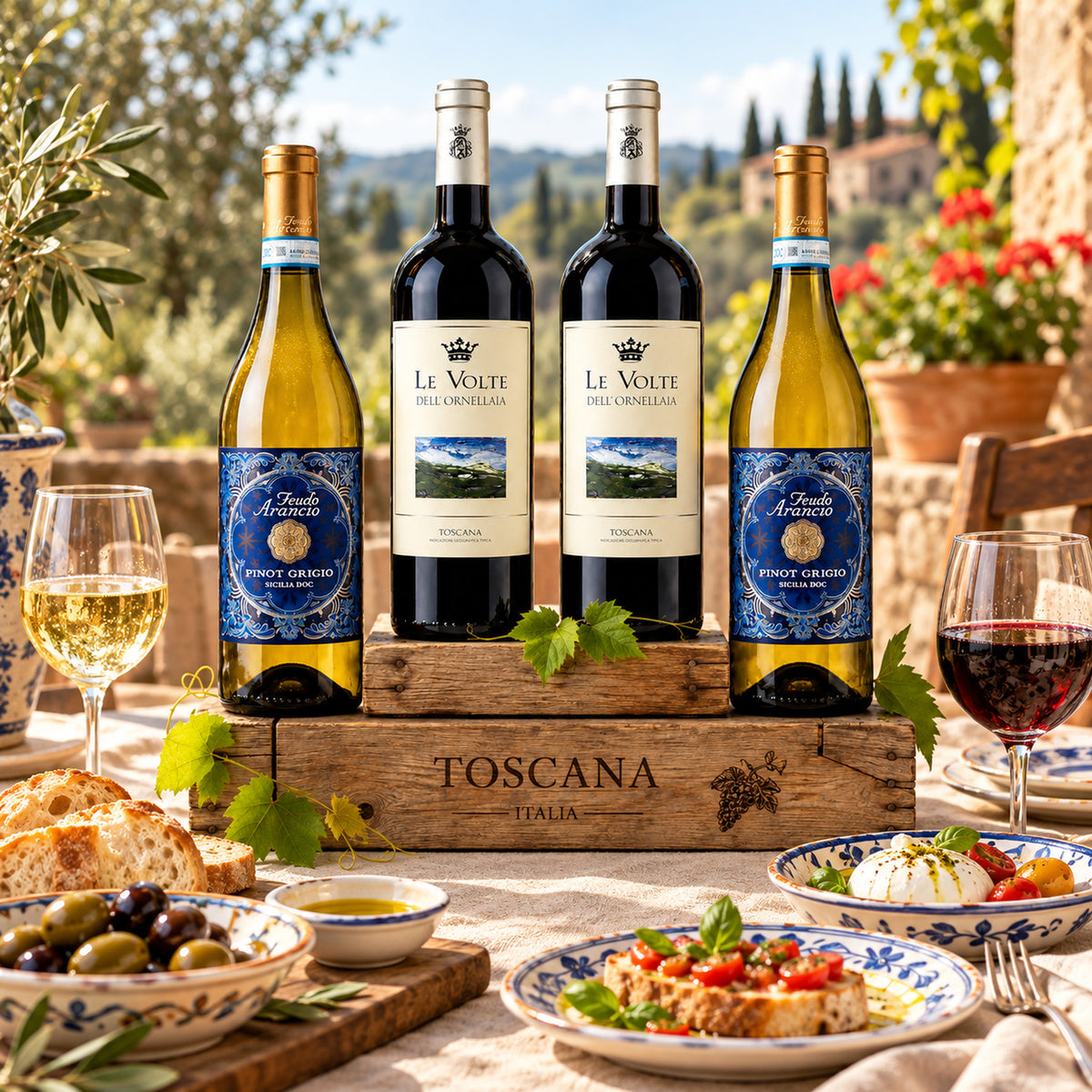 Italienisches Weinpaket mit Rotwein & Weißwein – Exklusiver Genuss aus Italien – Serviervorschlag auf einer italienischen Terrasse