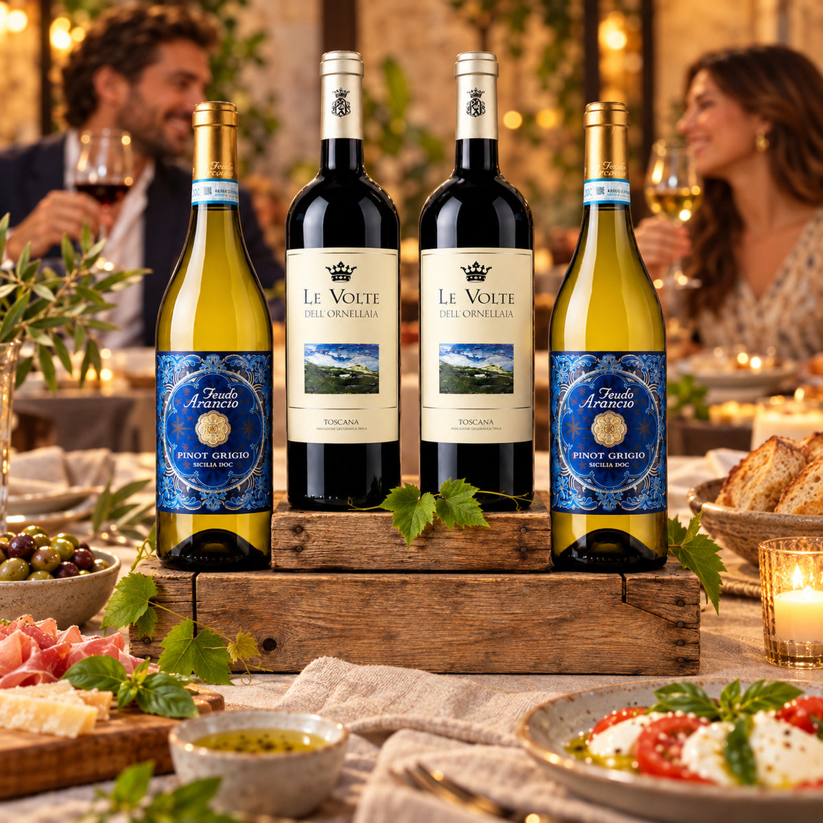 Italienisches Weinpaket mit Rotwein & Weißwein – Exklusiver Genuss aus Italien – Italienische Tischatmosphäre mit Gästen