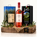 Italienisches Olivenöl Geschenkset – Premium Olivenöl aus Kalabrien mit Roséwein – Produktset auf der originalen Unterlage