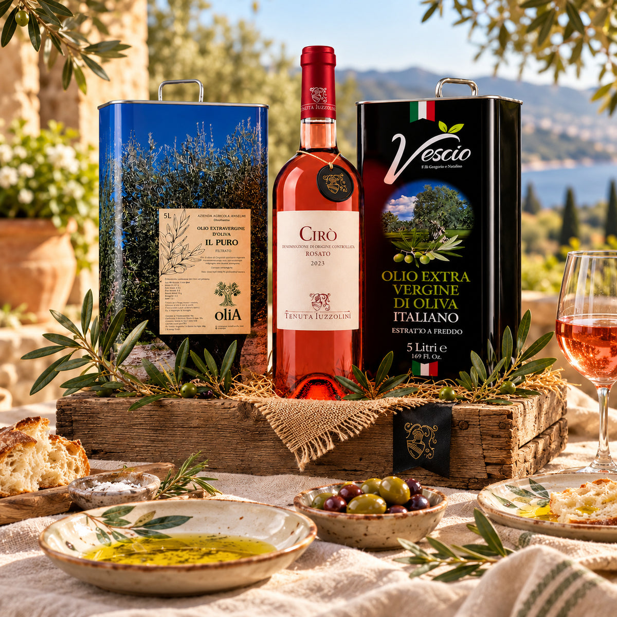 Italienisches Olivenöl Geschenkset – Premium Olivenöl aus Kalabrien mit Roséwein – Serviervorschlag auf einer italienischen Terrasse