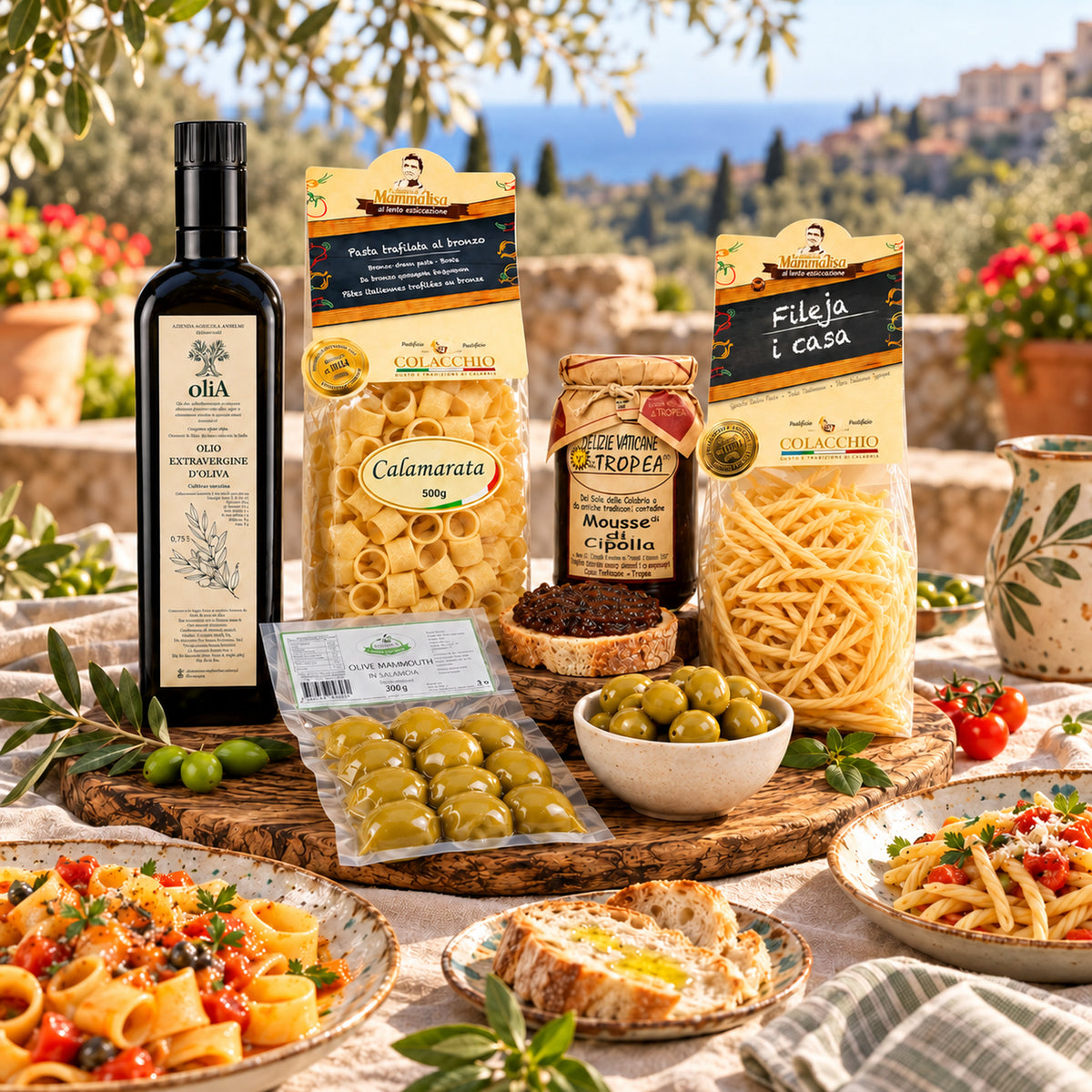 Italienisches Delikatessen Paket – Genussreise durch Kalabrien und Apulien – Serviervorschlag auf einer italienischen Terrasse