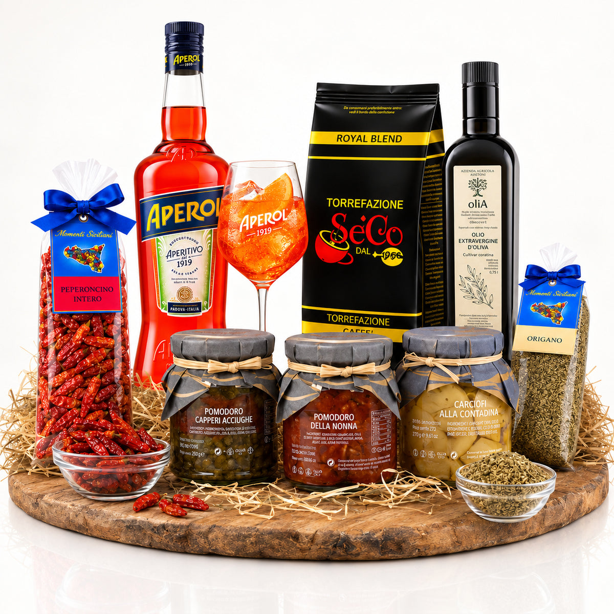 Sommer Genuss Paket Italien – Aperol, Kaffee, Olivenöl & Feinkost Spezialitäten – Produktset auf der originalen Unterlage