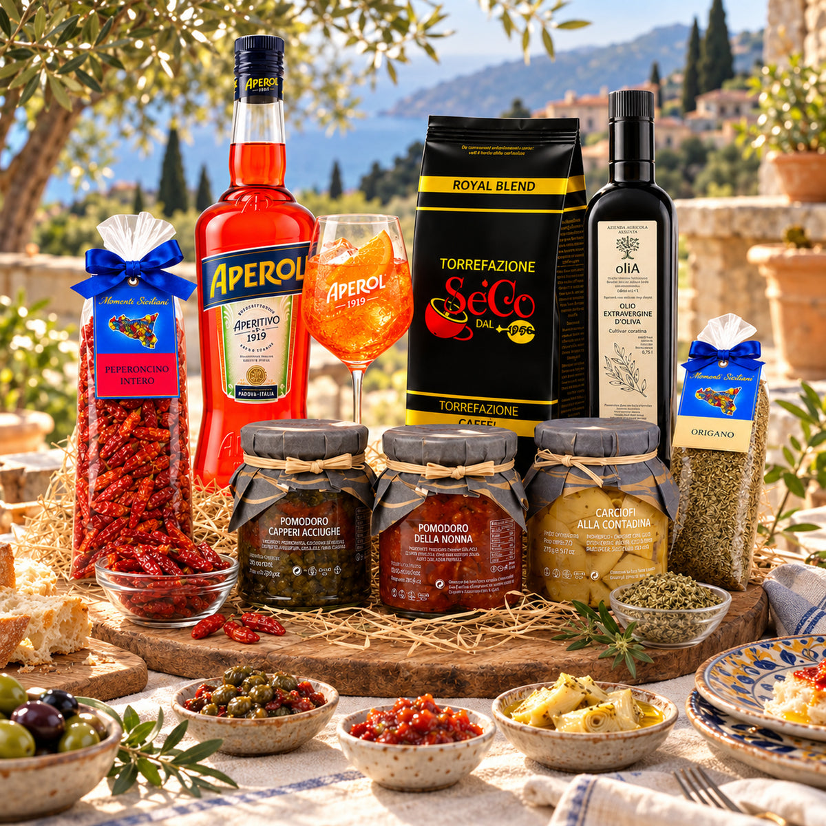 Sommer Genuss Paket Italien – Aperol, Kaffee, Olivenöl & Feinkost Spezialitäten – Serviervorschlag auf einer italienischen Terrasse