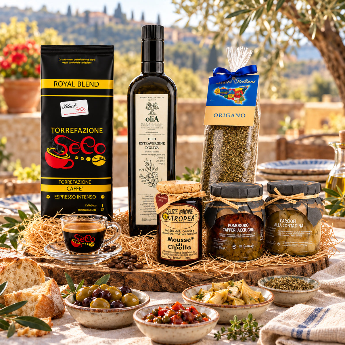 Italienisches Feinkost mit Espresso, Olivenöl & Delikatessen