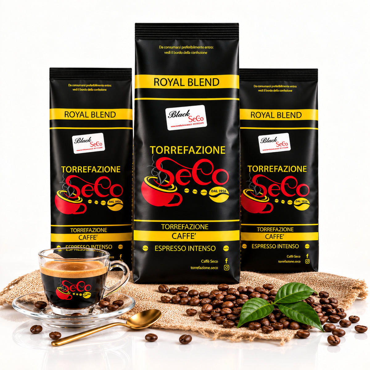 Espresso Paket Italien – 3x SeCo Royal Blend Espresso Intenso 1kg – Produktset auf der originalen Unterlage