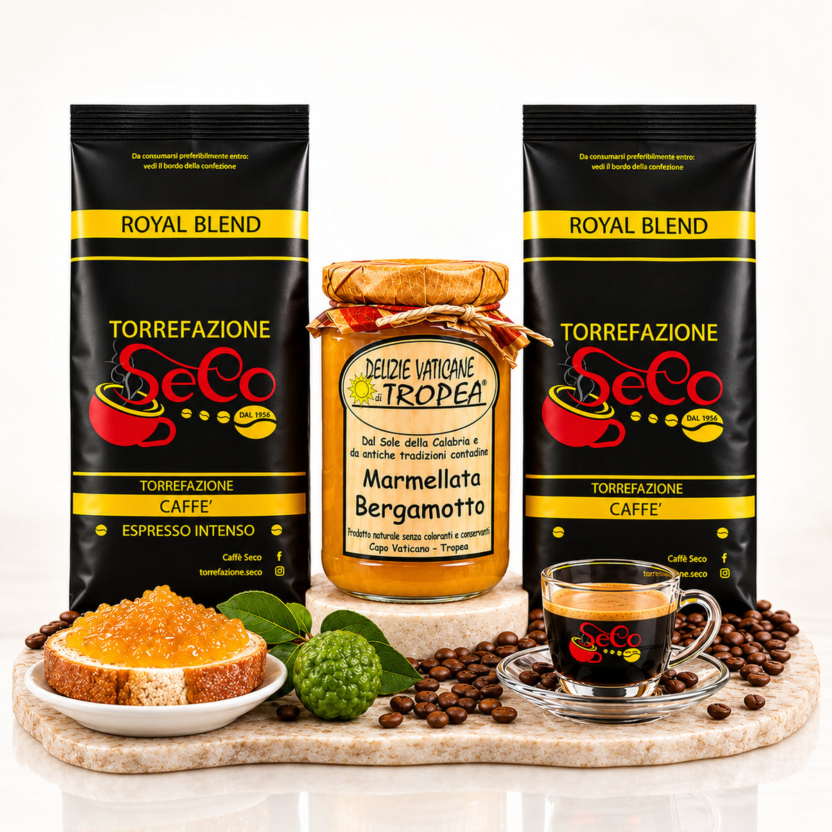 Espresso & Bergamotte Paket – Italienische Spezialitäten – Produktset auf der originalen Unterlage