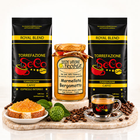 Espresso & Bergamotte Paket – Italienische Spezialitäten – Produktset auf der originalen Unterlage