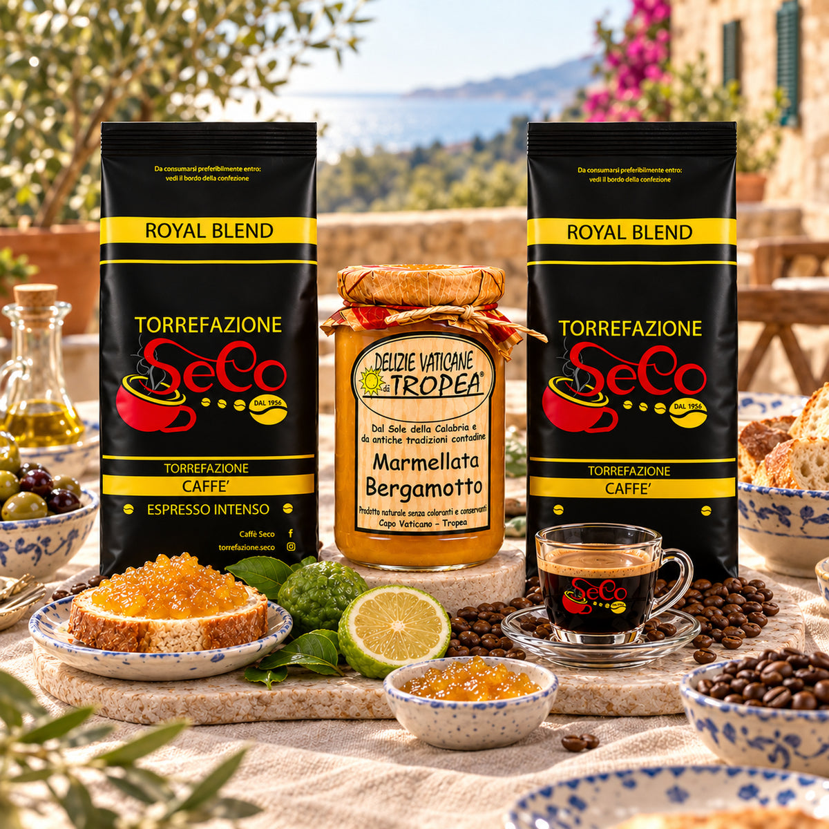 Espresso & Bergamotte Paket – Italienische Spezialitäten – Serviervorschlag auf einer italienischen Terrasse