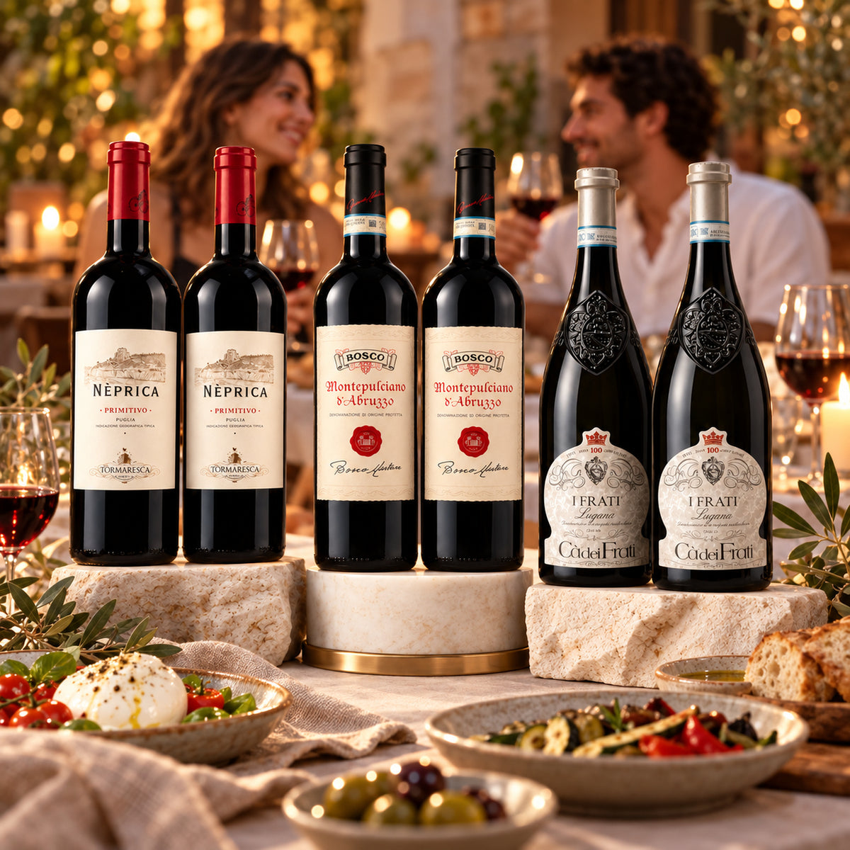 Italienisches Weinpaket – Nèprica Primitivo, Montepulciano d'Abruzzo & Lugana | 6 Flaschen – Italienische Tischatmosphäre mit Gästen