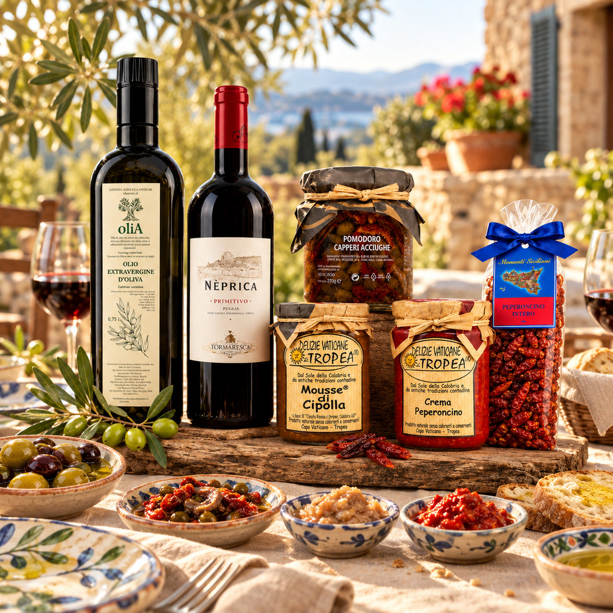 Italienisches Gourmet-Paket Essenza – Olivenöl, Primitivo & Delikatessen