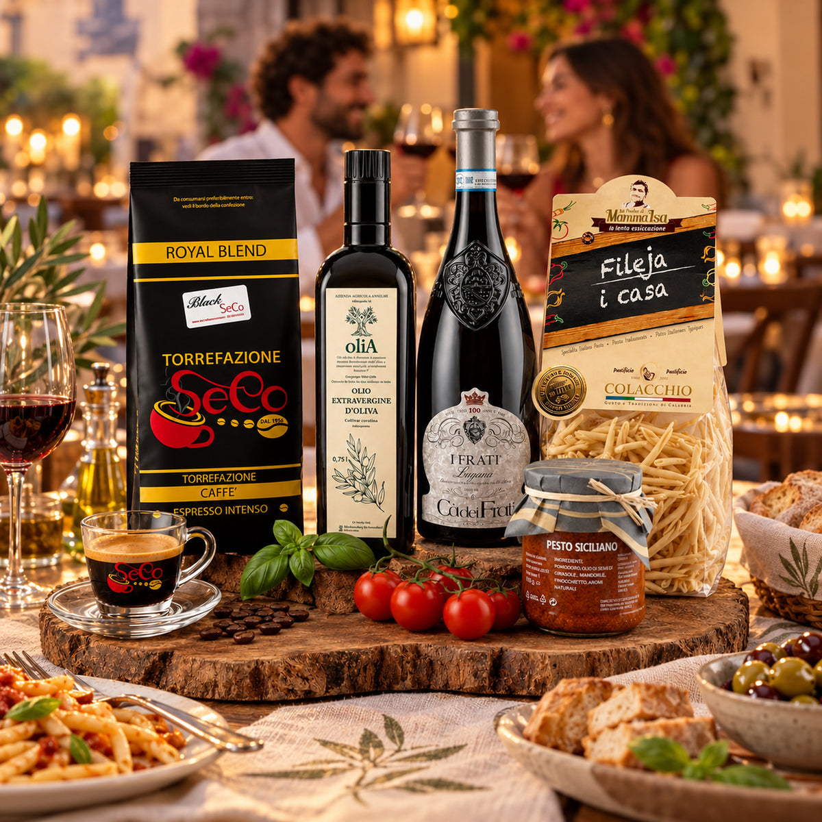 Italienisches Genusspaket „La Dolce Vita“ – 5 Spezialitäten – Italienische Tischatmosphäre mit Gästen