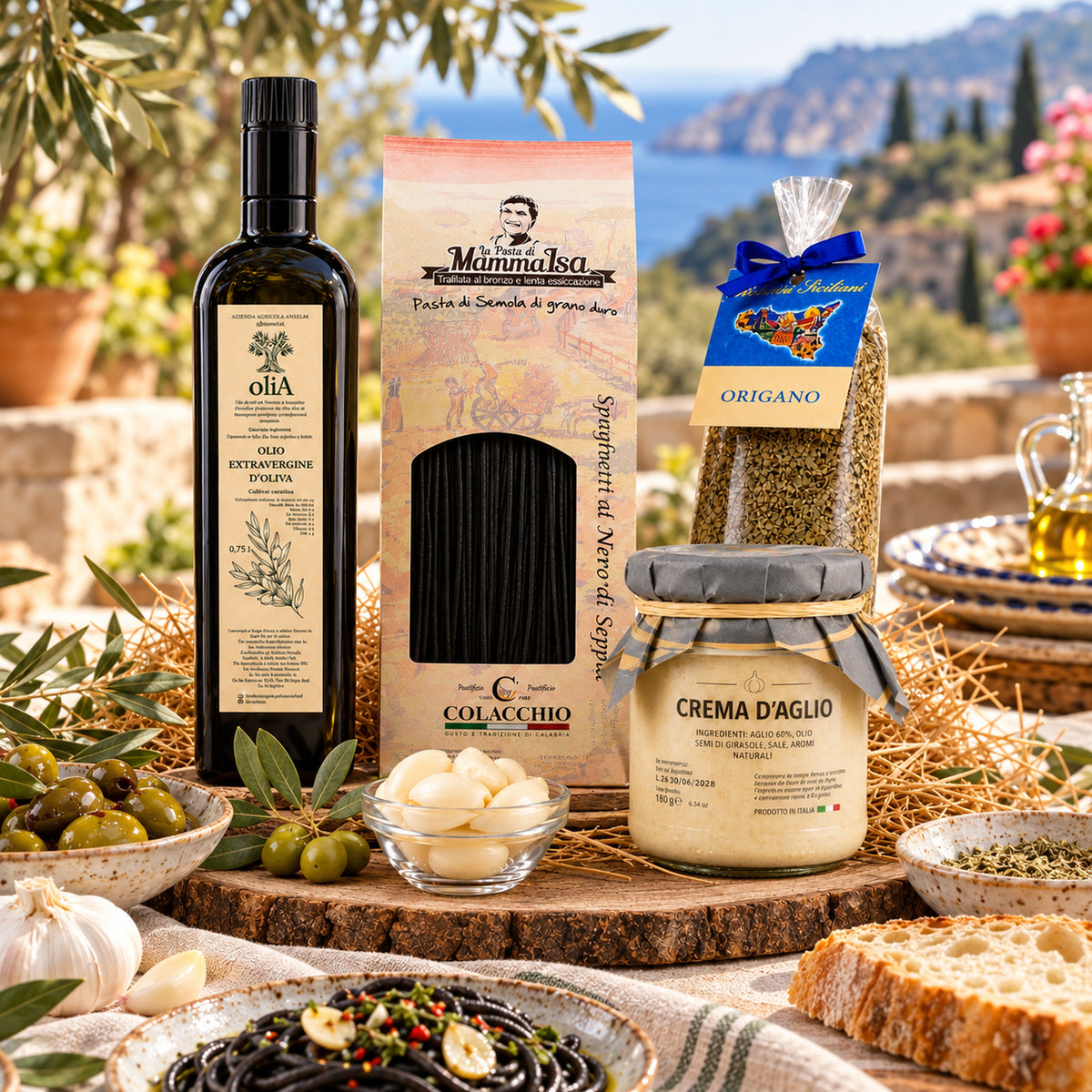 italienische Feinkostpaket „Nero di Seppia“ – Bio Olivenöl, schwarze Spaghetti, Knoblauchcreme & Oregano italienische Feinkostpaket