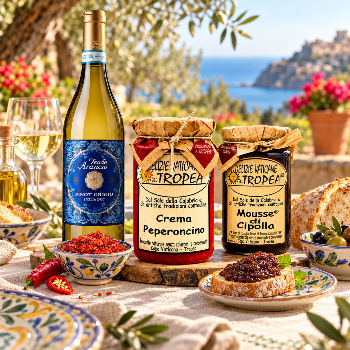 Italienisches Genuss-Paket mit Pinot Grigio – Serviervorschlag auf einer italienischen Terrasse
